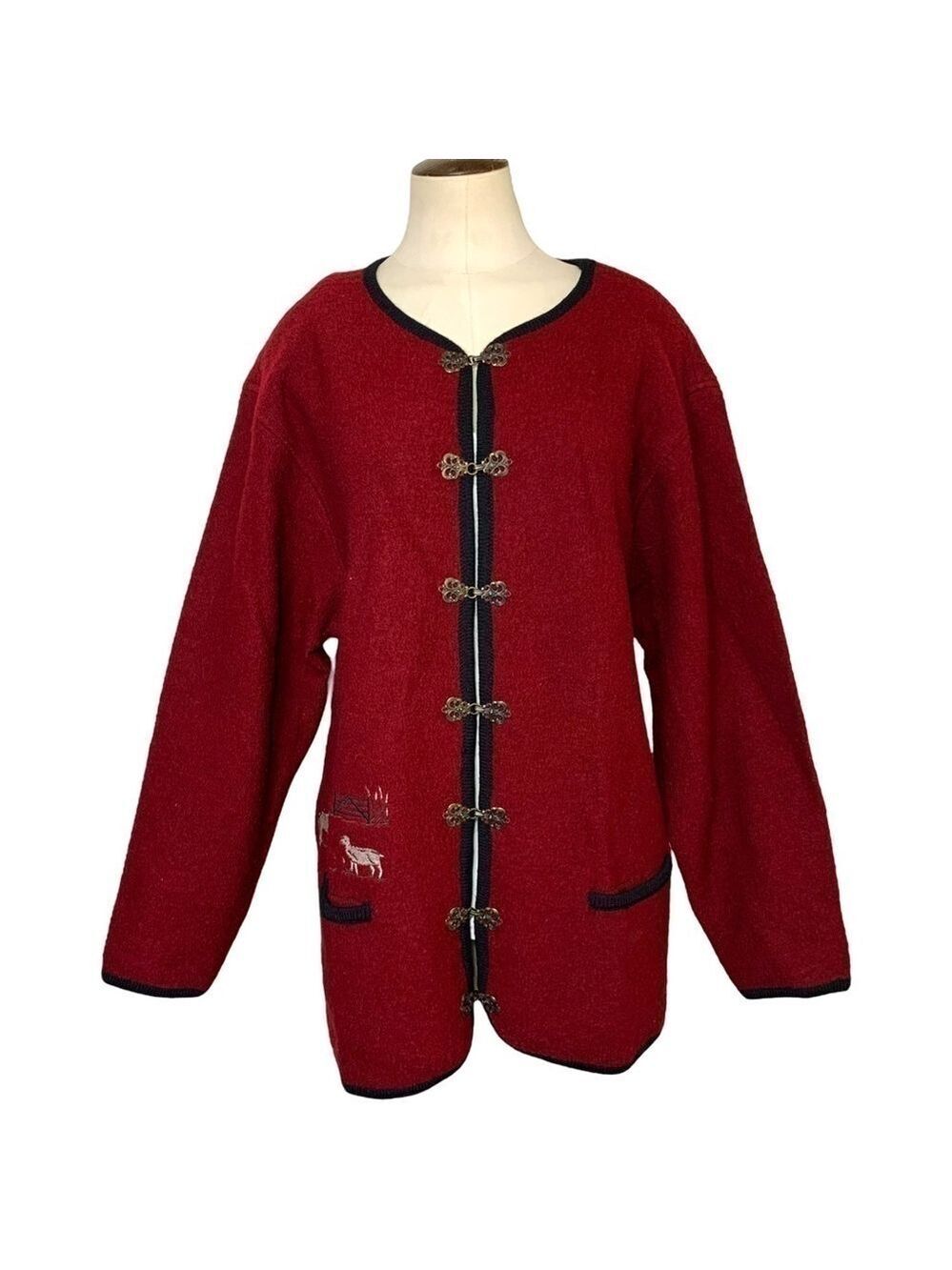 𝅺VINTAGE 80's Feu Rouge Embroidered Country Red pure Wool Shacket Cardigan Sz L
